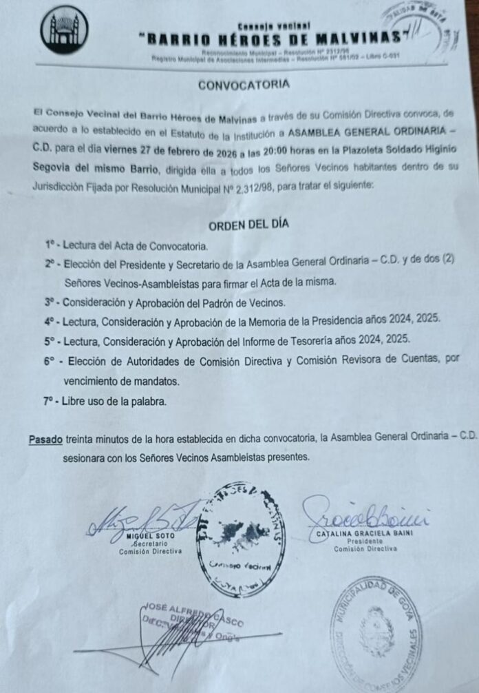 CONVOCATORIA BARRIO HEROE DE MALVINAS