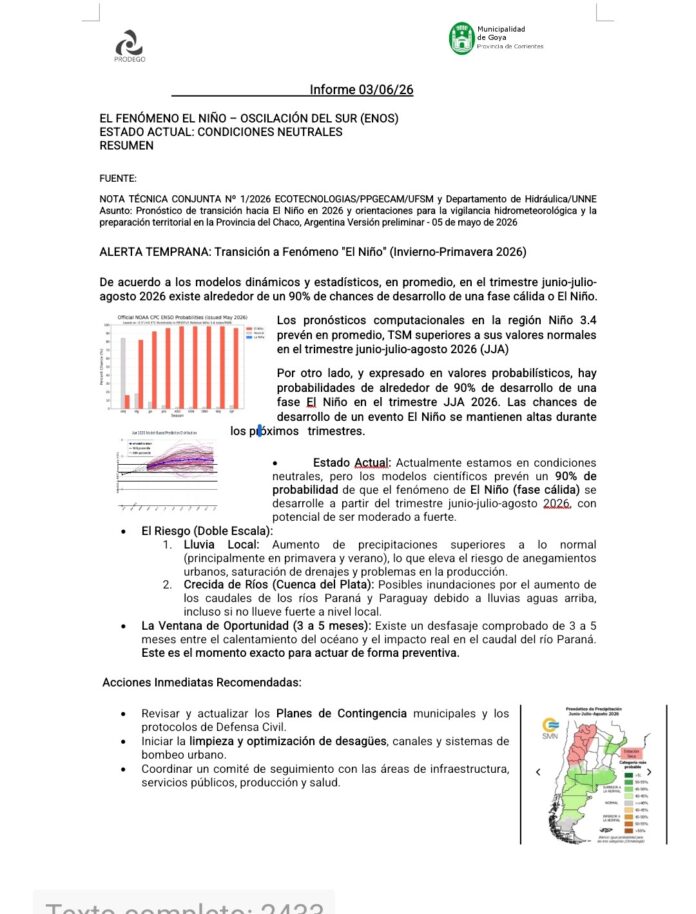 Informe PRODEGO FENOMENO DEL NIÑO ILUSTRACION NOTA A GABIASSI